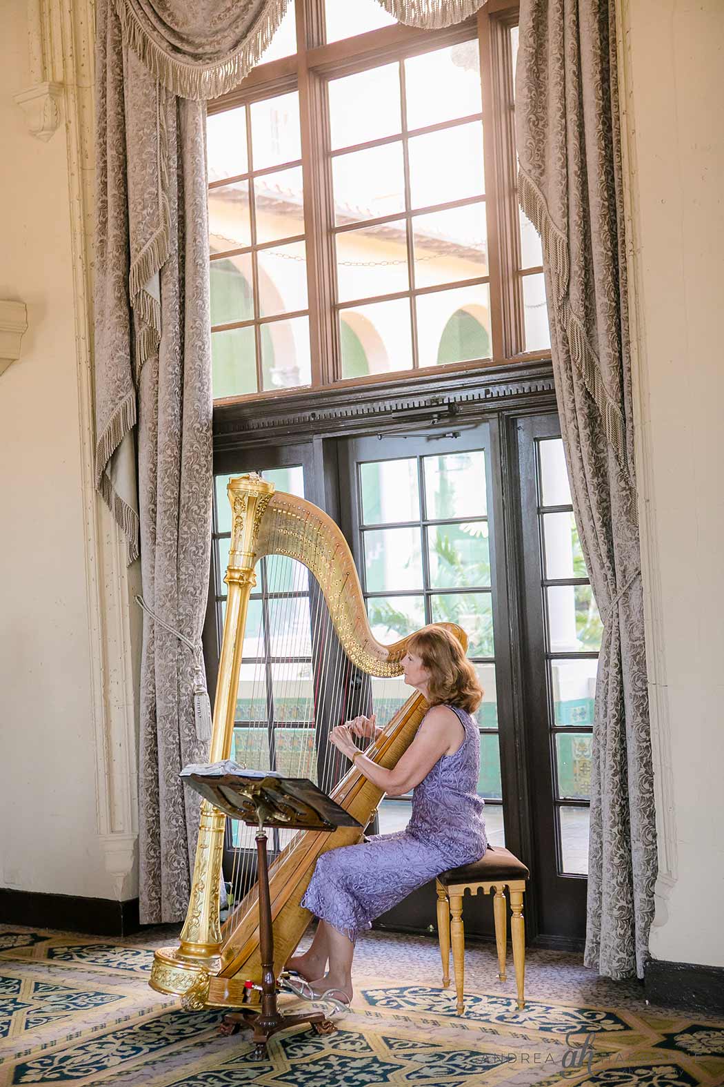 harpist plays at the Biltmore Hotel for a birthday celebration