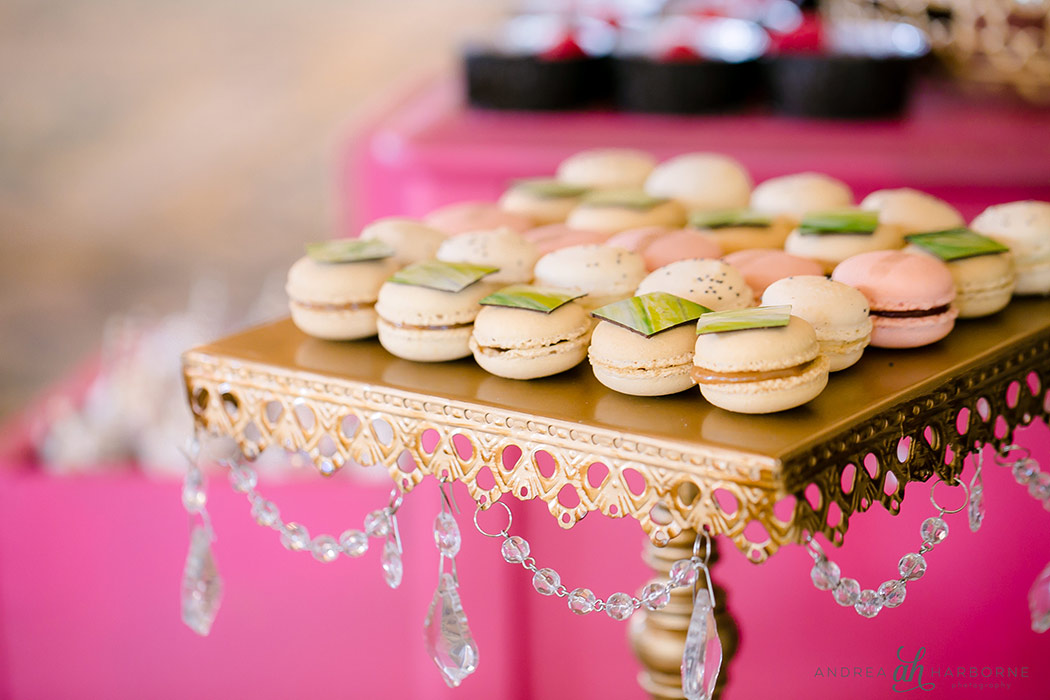 macaroons displayed on vintage cake stand