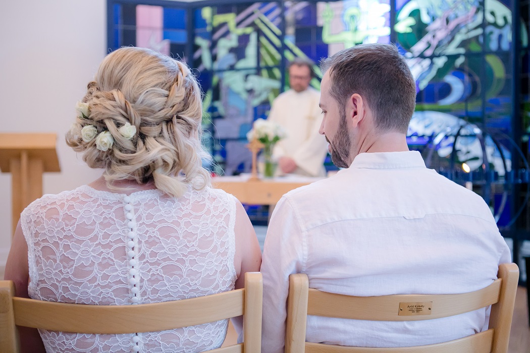 bride and groom at the church