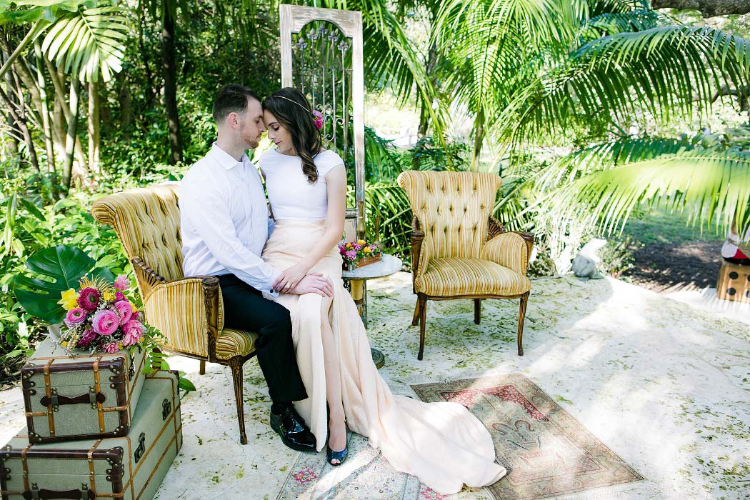 bride and groom during modern cuban inspired wedding photoshoot