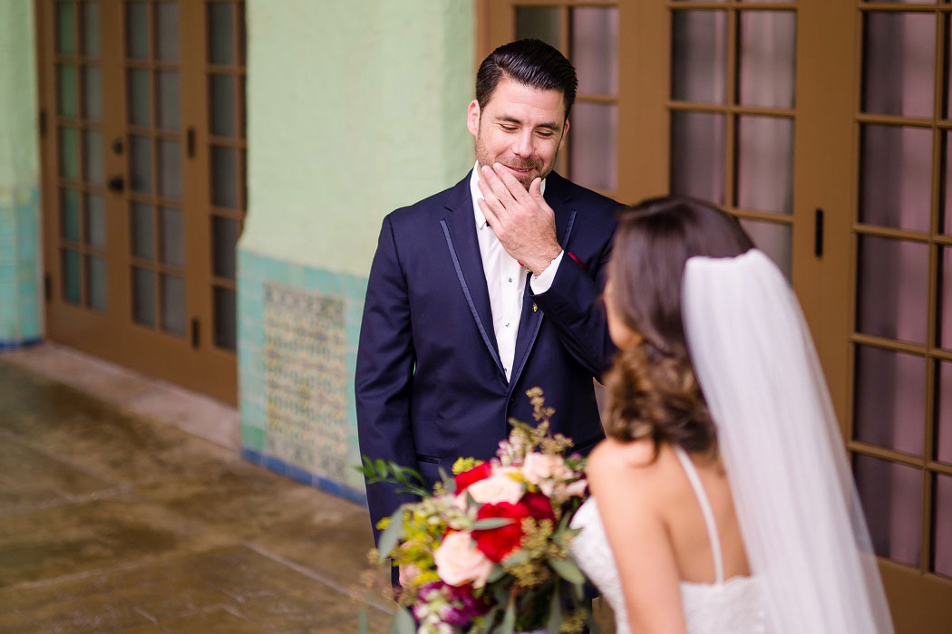 bride and groom first look at biltmore hotel miami | miami wedding photography