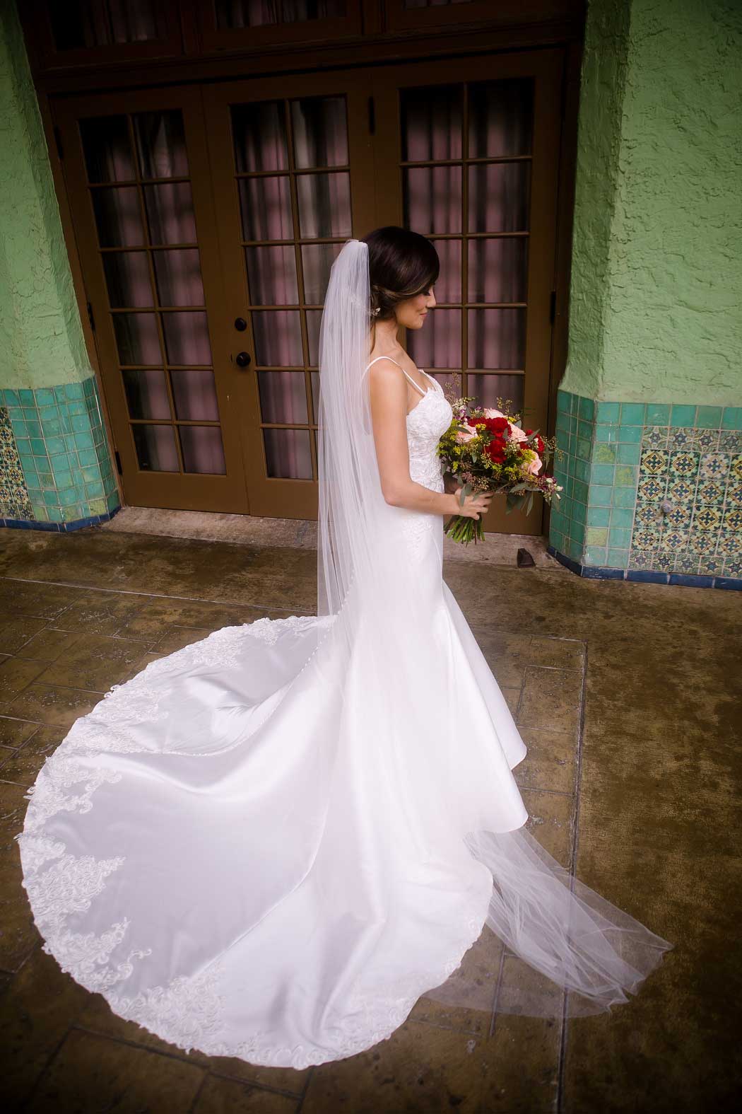 bridal portrait with beautiful lace wedding train and lace veil | biltmore hotel miami wedding