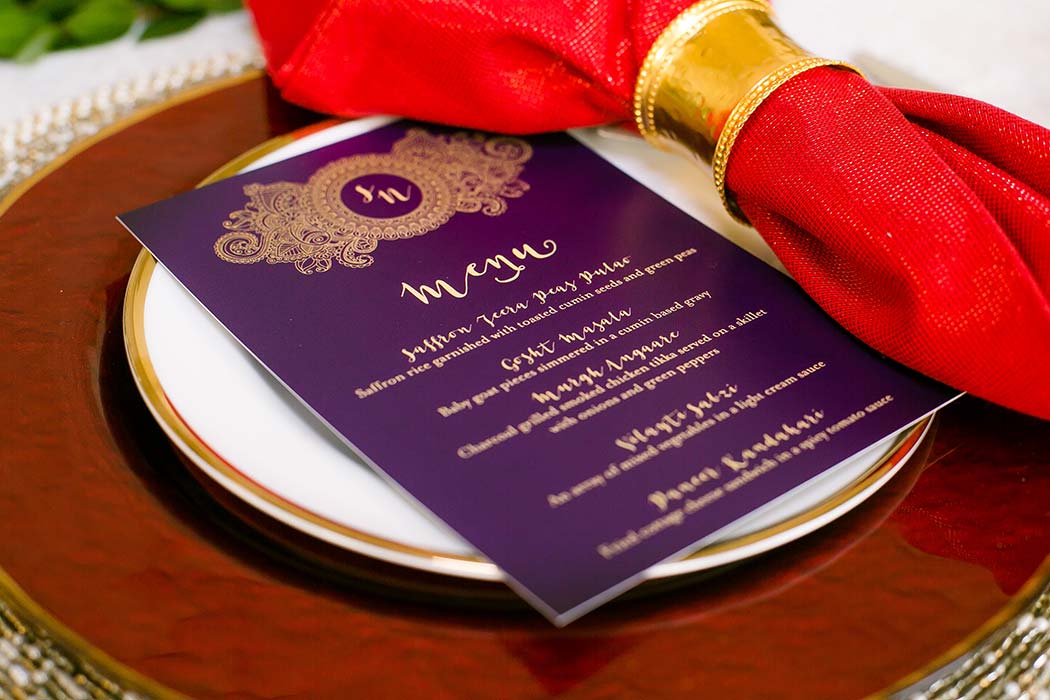 modern place setting for indian wedding using red and gold | fort lauderdale indian wedding photographer