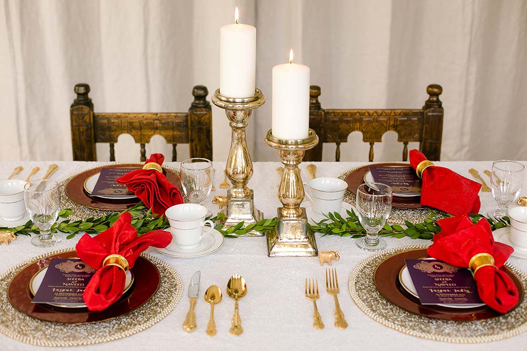 gorgeous modern indian wedding styled photoshoot table decor | red, gold, white wedding tables