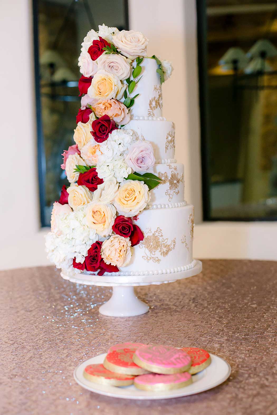 modern wedding cake ideal for indian weddings | red, gold and white wedding cake