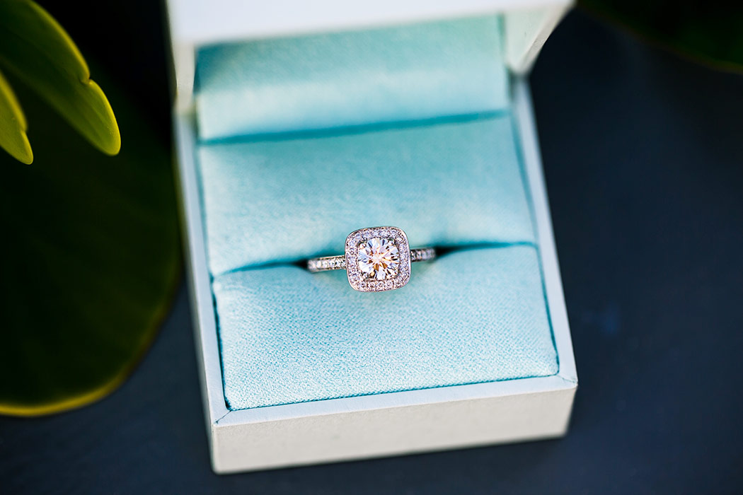 diamond engagement ring in blue velvet presentation box