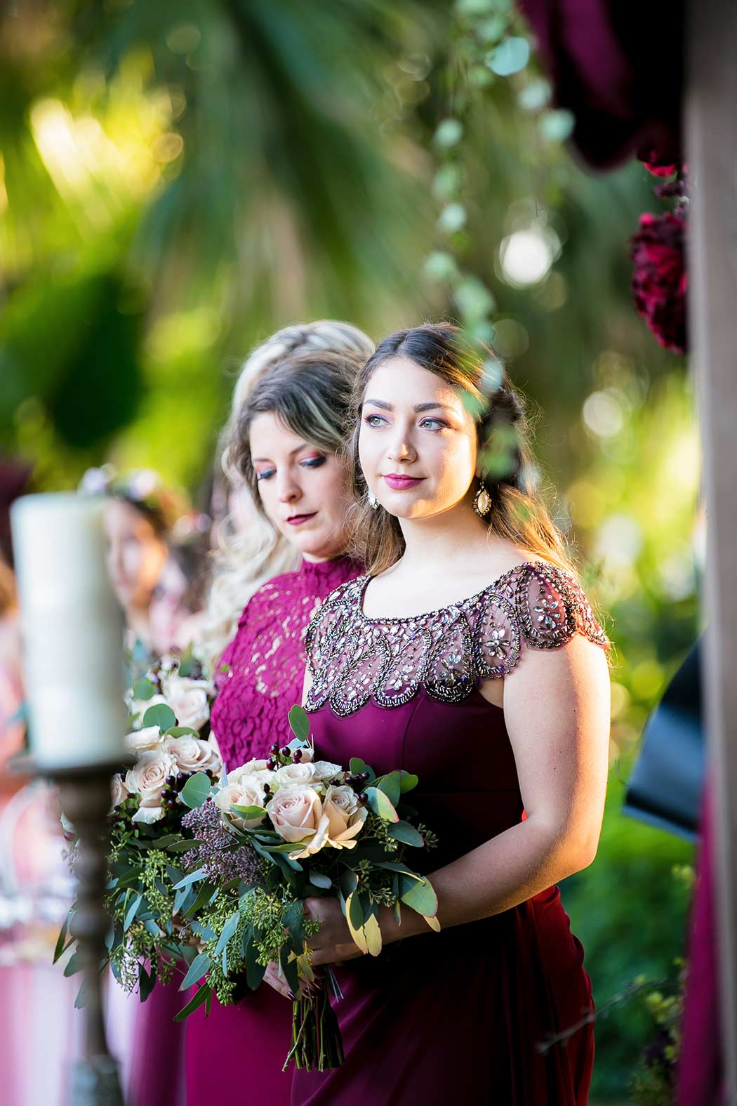 dark red bridesmaid dress at flamingo gardens wedding