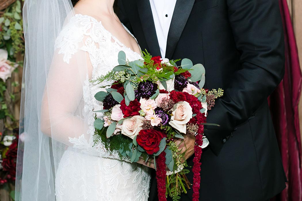 dark red and purple wedding bouquet idea for rustic wedding