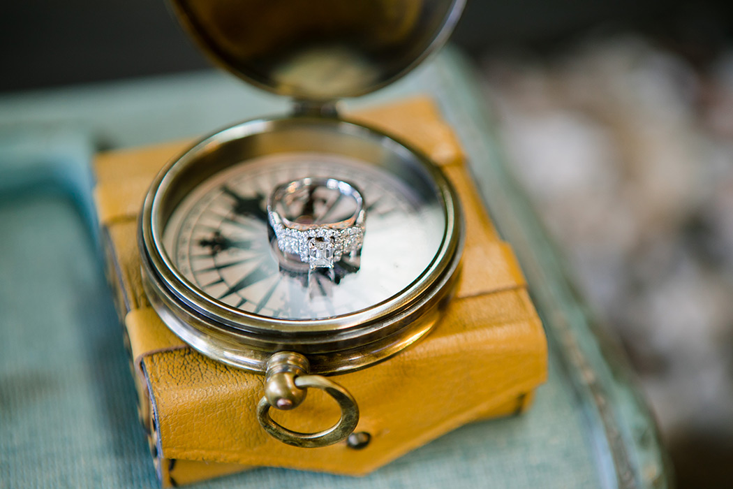 vintage compass with diamond engagement ring | vintage compass details for wedding photography