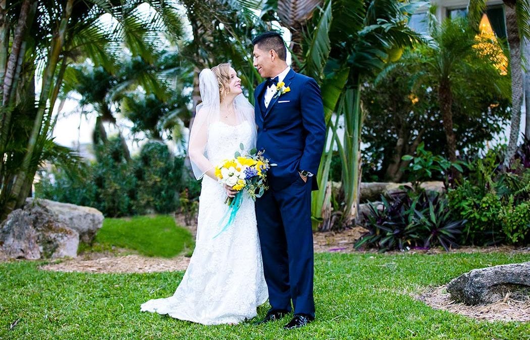 bouquet of yellow and blue flowers for nautical themed wedding