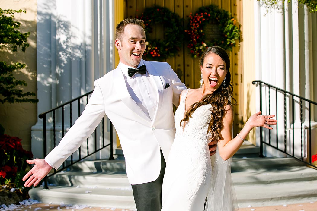 fun bride and groom pose outside miami church | fort lauderdale wedding photography