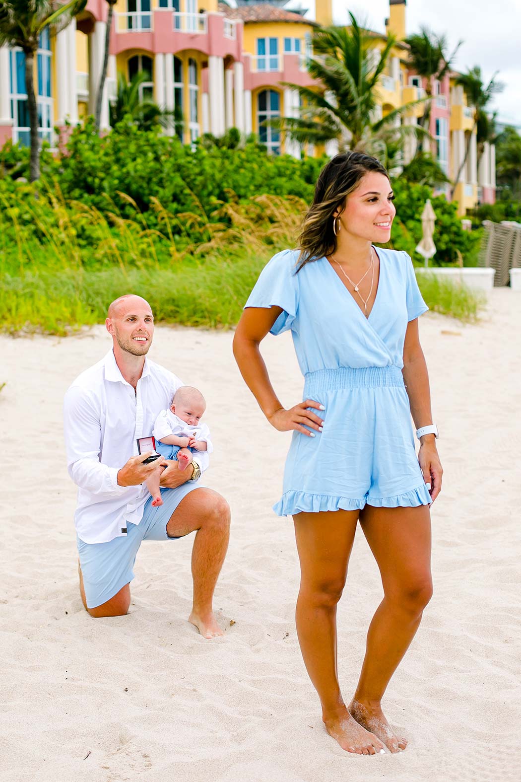 adorable beach proposal in fort lauderdale with baby| fort lauderdale engagement photographer | fort lauderdale beach surprise proposal with baby