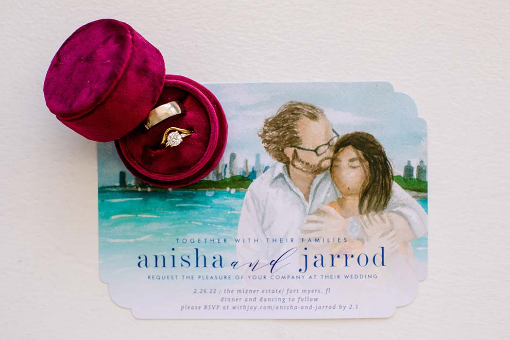 South Florida indian wedding photography details | photograph of indian wedding invite and rings