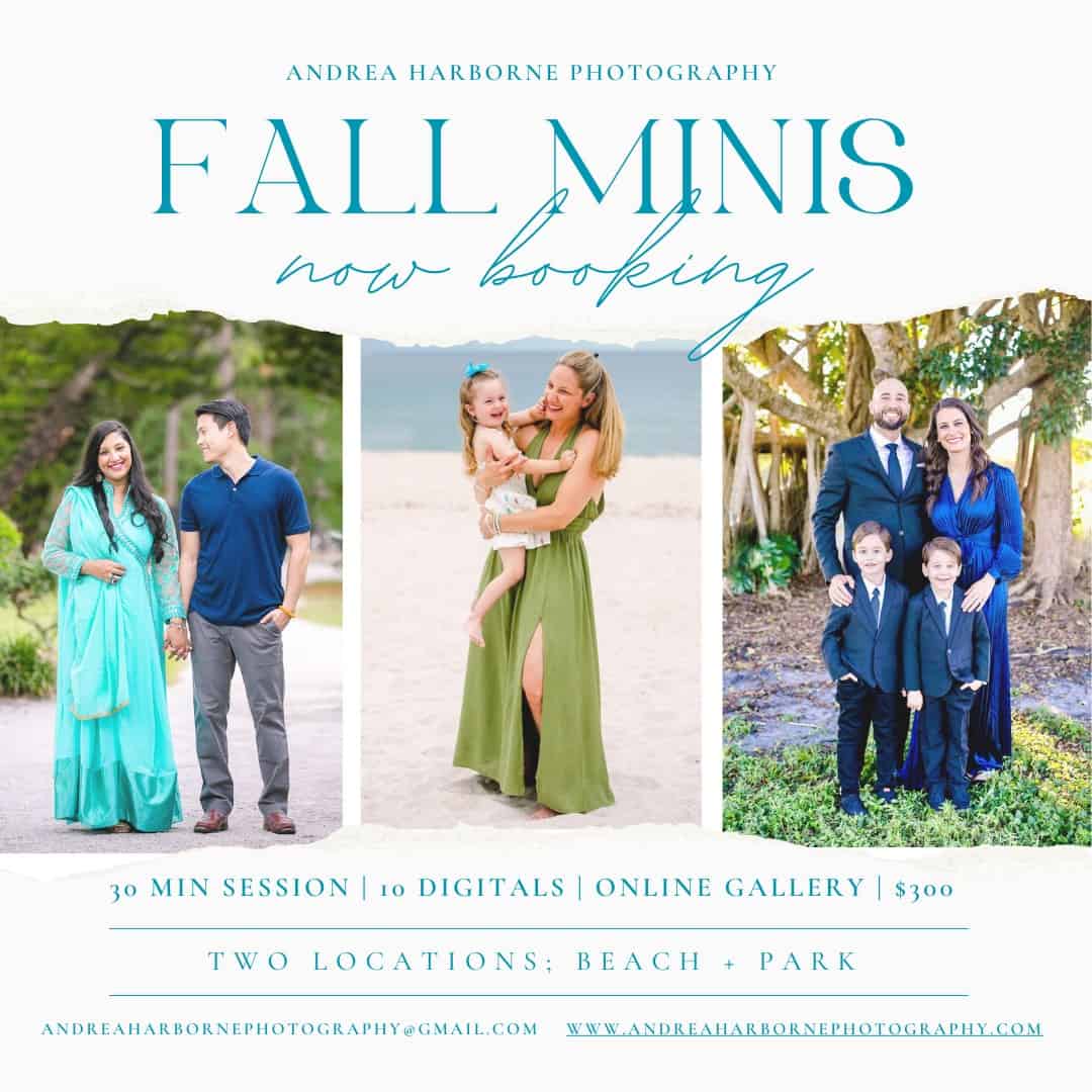 Fall mini session flyer in Fort Lauderdale for family portraits or couples, and booking details.